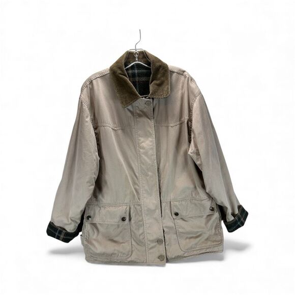 Vtg Barn Coat Women’s XL Tan Canvas Corduroy Collar Plaid Lined Utility Pockets - Picture 1 of 15
